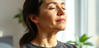 person experiencing calm after anxiety relief, peaceful breathing exercise, soft healthcare setting, natural light