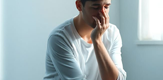 person sitting in contemplation with soft natural light, depression mental health concept, calm blue tones, professional healthcare photography